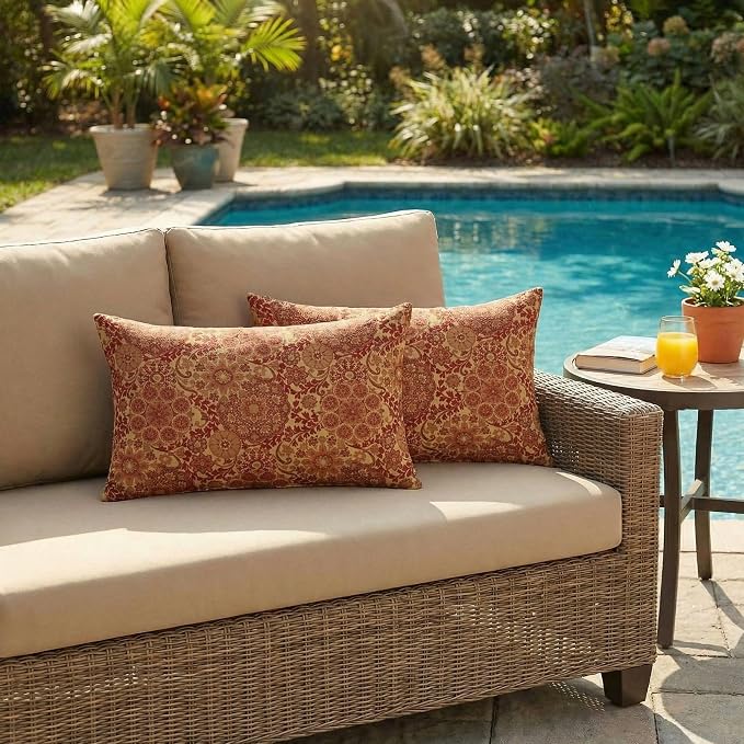 RSH DECOR: Outdura Lumbar Throw Pillows Set of 2 | 20" x 12" | Water and Fade-Resistant Performance Fabric | Outdoor Pillow Covers with Down-Alternative Inserts | Made in USA (Marrakech Salsa)
