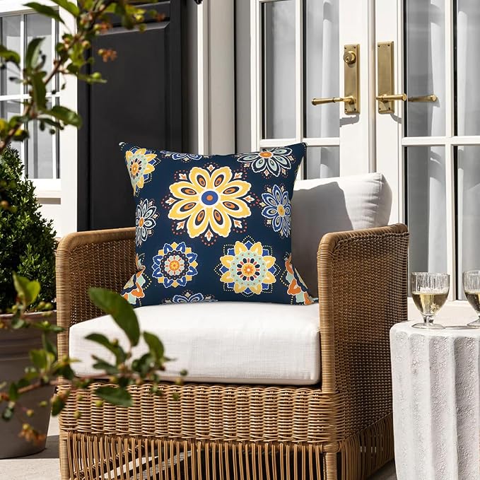 LVTXIII 2 Pack Outdoor Pillows 18x18 Inch, Square Throw Pillows with Inserts, Decorative Water-Repellent Pillow Cushions for Patio Furniture and Garden Sofa, Bloom Cobalt