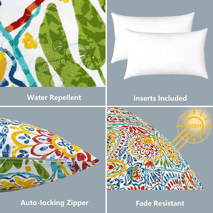 LVTXIII Set of 2 Patio Lumbar Pillows, 12”x20” Fade Resistant Outdoor Lumbar Pillow with Inners, Fluffy Decorative Garden Lumbar Cushions for Home Patio Coach Sofa Use, Paisley Multi