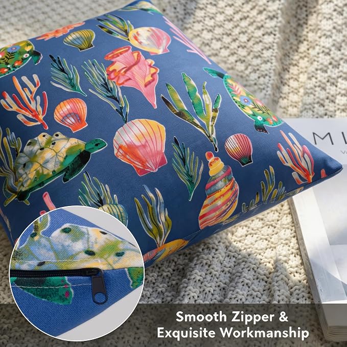 Outdoor Pillow Covers 18x18 Set of 2 Deepsea Blue Reef Print, Waterproof & UV Resistant Polyester for Patio, Couch, Porch, Spring & Summer Ocean Decor