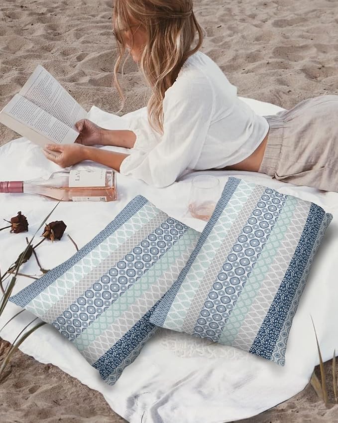 Outdoor Waterproof Throw Pillow Covers Set of 2 Blue Boho Stripe Tribal Vingtage Lumbar Pillowcases 20x12 Inches Bohemian Style Decorative Pillows Cushion Case Patio Pillows for Couch Bed Garden