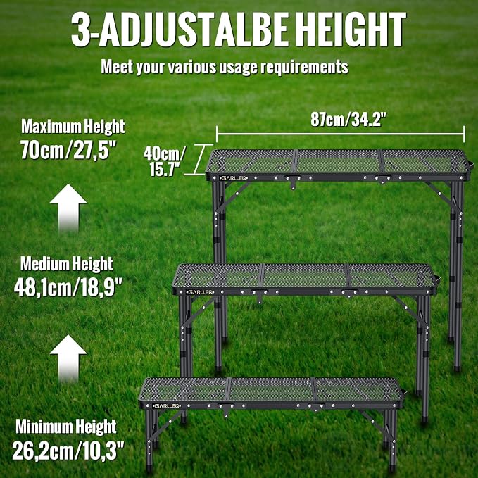 GARLLEN Folding Grill Table Max Capacity 66lbs, 3 Adjustable Height Portable Folding Camping Table with Heat-Resistant Mesh Tabletop, Aluminum Picnic Table for Outdoor, BBQ, Camping, 34.2"L x 15.7"W