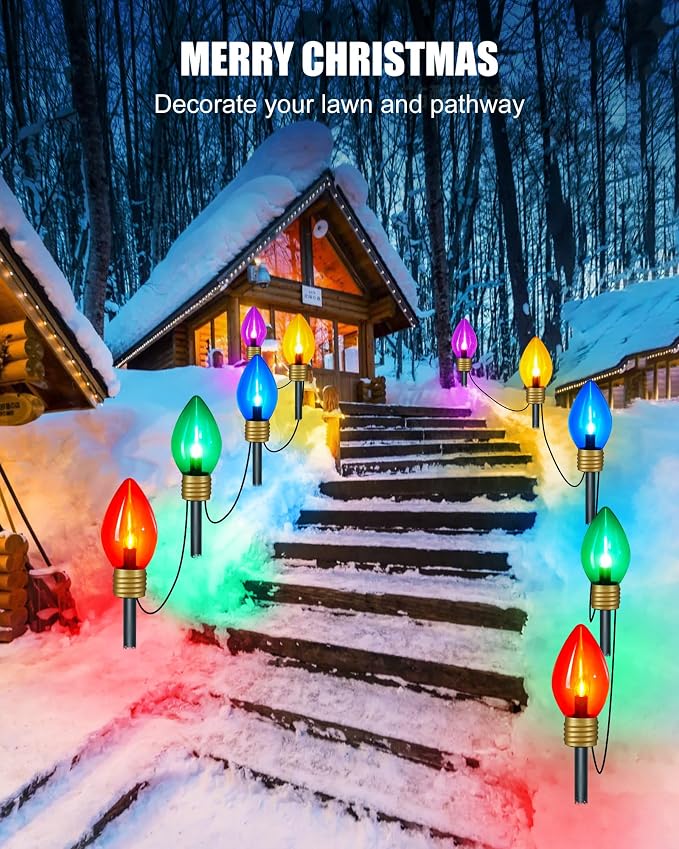 4Pack Jumbo C9 Christmas Pathway Lights Outdoor,Total 34FT C9 Walkway Light | 20 LED Multicolor Bulb Holiday Pathway Light with Marker Stake, Connectable Christmas Lights Outdoor Decoration for Lawn Yard