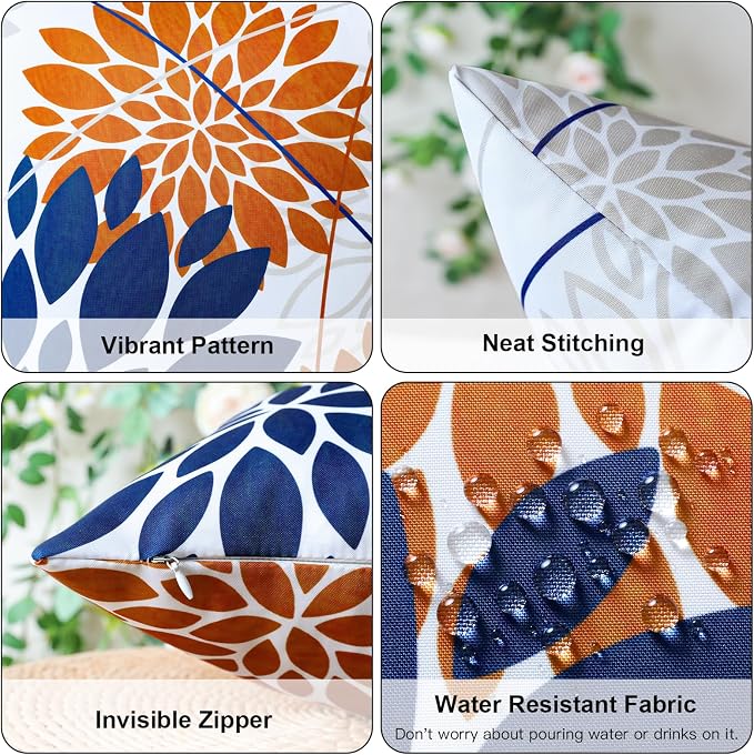 OTOSTAR Outdoor Dark Blue Orange Pillow Covers 18x18 Inch Set of 2 Beige Flower Throw Pillows Farmhouse Geometric Dahlia Floral Square Cushion Case Waterproof Decor for Sofa Patio Funiture Garden