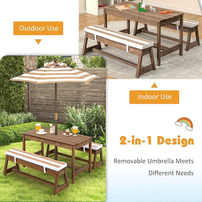 KOTEK Kids Picnic Table with Umbrella Foldable, Backyard Wooden Table & Bench Set w/Removable Cushions, Activity Art Play Table, Indoor Outdoor Toddler Picnic Table for Patio, Lawn & Garden (Brown)