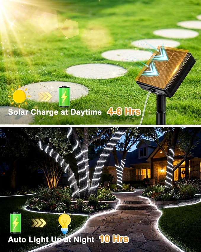 btfarm Solar Rope Lights, 120LED 46FT Solar String Lights Outdoor Waterproof, 8 Lighting Modes Solar Powered Strip Trampoline Light for Outside Garden Tree Christmas Yard Patio Decor, Cool White