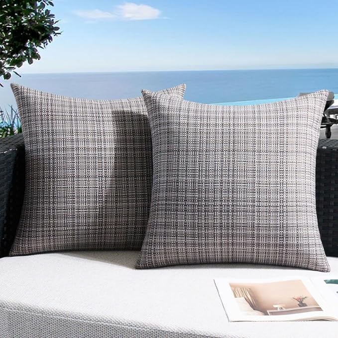 UGASA Outdoor Waterproof Throw Pillow Covers Pack of 2 Patio Water Resistant Pillow Cases Summer Woven Texture Decorative for Outside Garden Porch Yard Bench Tent 20x20 Inch, Grey