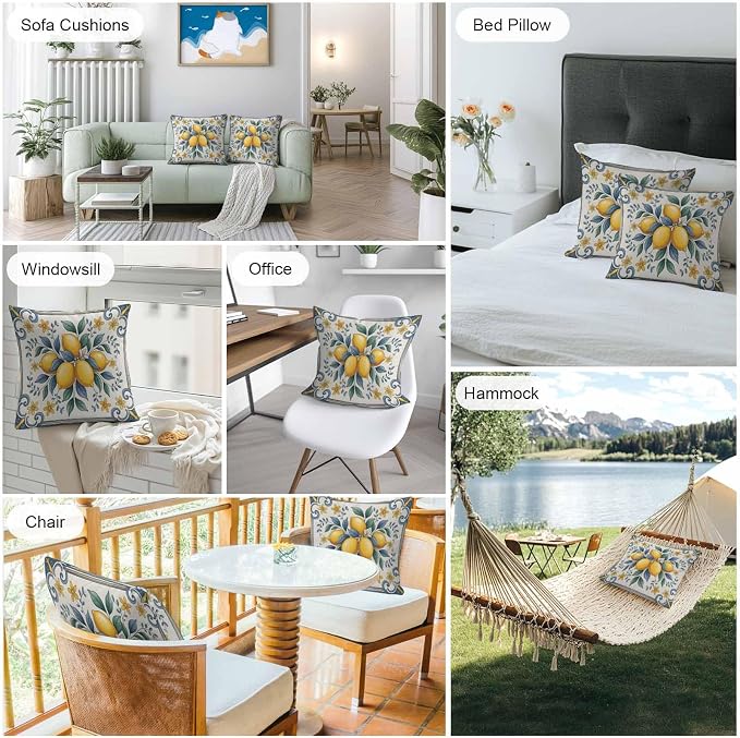 Throw Pillow Covers 16x16 Inch Set of 2, Yellow Blue Lemon Waterproof Outdoor Cushion Covers, Summer Botanical Watercolor Decorative Pillowcases for Couch, Sofa, Bed, Garden, Patio