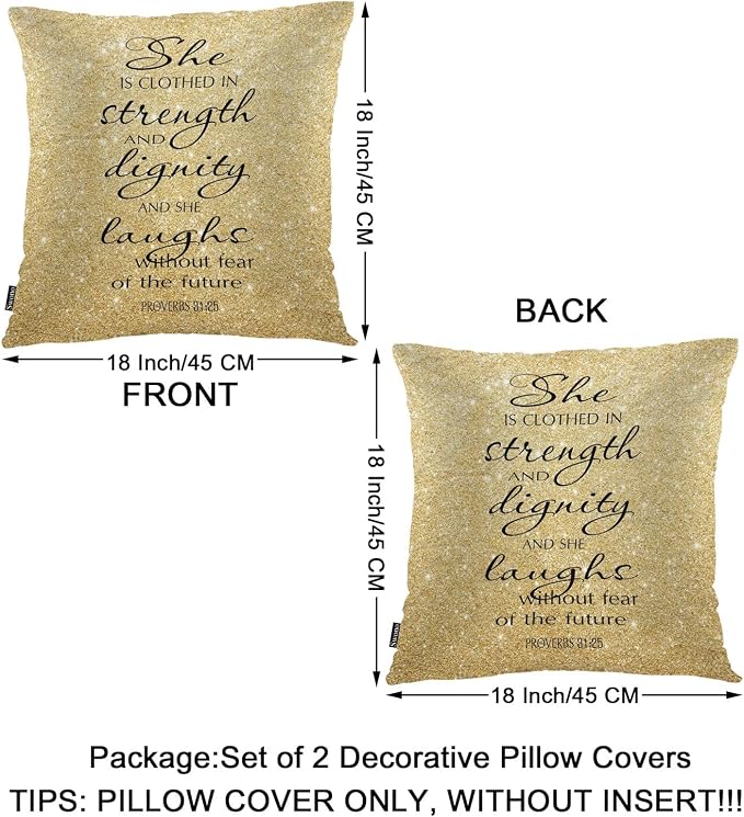 Swono Pillow Covers 18X18 Inch Set of 2 Holy Bible, Throw Pillow Cases Christian Quote Pillowcase Cushion Cover Decor for Home Sofa Bedroom, She Clothed with Strength and Dignity, Gold