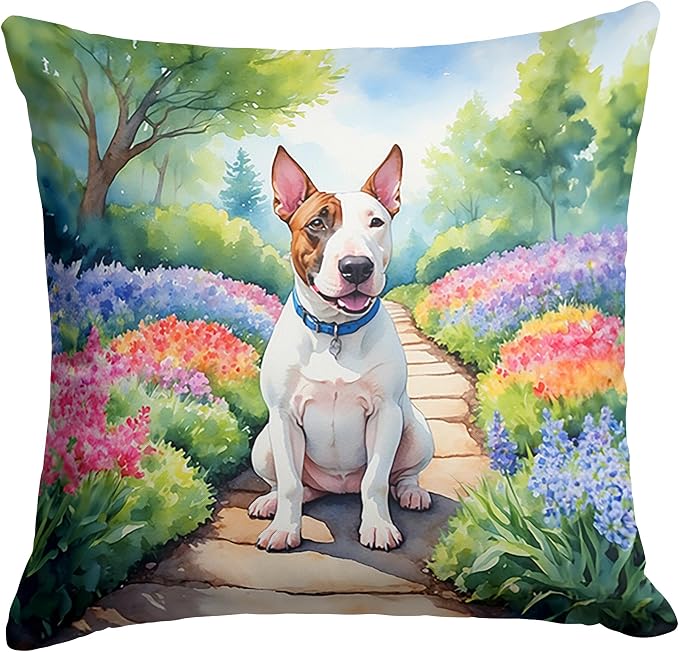 Caroline's Treasures English Bull Terrier Spring Path Throw Pillow Machine Washable, Indoor Outdoor Decorative Pillow for Couch, Bed or Patio, 18Hx18W