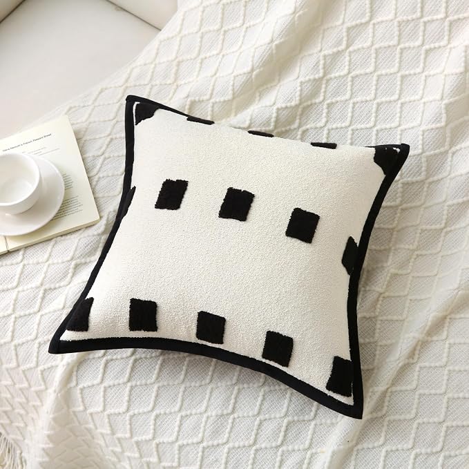 Decorative Throw Pillows with Inserts 2 Pack 18" x 18" Boho Soft Tufted Modern Chenille Pillow for Home, Patio, Couch, Bedroom, Living Room (Black =)