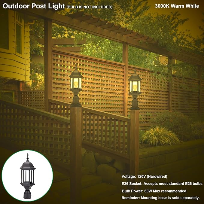 Outdoor Post Light, Rustproof Aluminum Pole Lamp, Black | Exterior Lamp Post Light Fixture for Garden, Yard, Pathway, Waterproof, Glass, E26 Base, Max 60W, 2 Pack