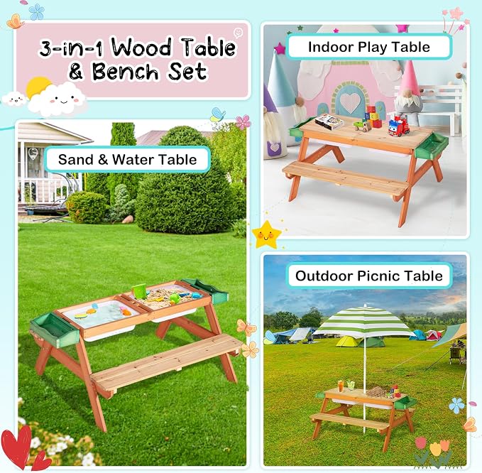 BRINJOY Kids Picnic Table, Outdoor Wooden Table w/Adjustable Umbrella & Garden Bed, 4-in-1 Sand & Water Activity Table w/Built-in Bench & Removable Boxes, Patio, Backyard