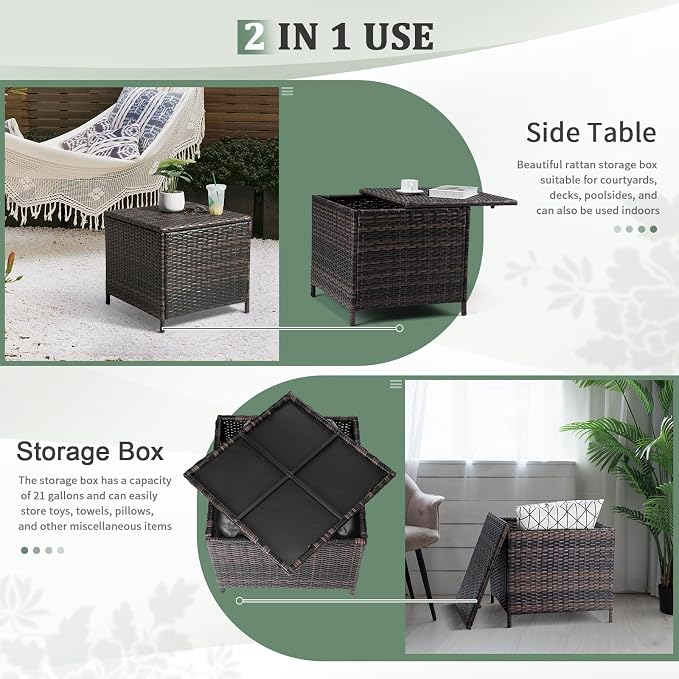 VINGLI Outdoor Side Table with Storage, 27-Gallon Patio Deck Box Outdoor Wicker Side Table for Poolside Balcony Storage Table (Brown, Square)