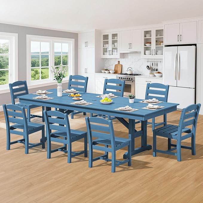 SERWALL Outdoor Armless Dining Chairs Set of 2, All-Weather HDPE Patio Chair with 19.7" Widened Seat, for Backyard, Garden, Blue
