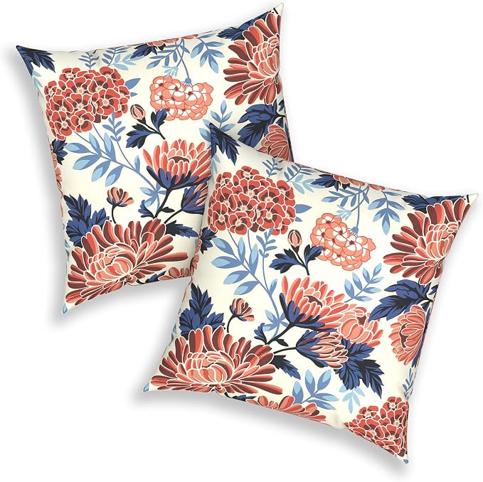 Pack of 2 Patio Throw Pillow Covers ONLY, Water Repellent Cushion Cases 20x20 Inch, Square Pillowcases for Outdoor Couch Decoration, Red Chrysanthemum