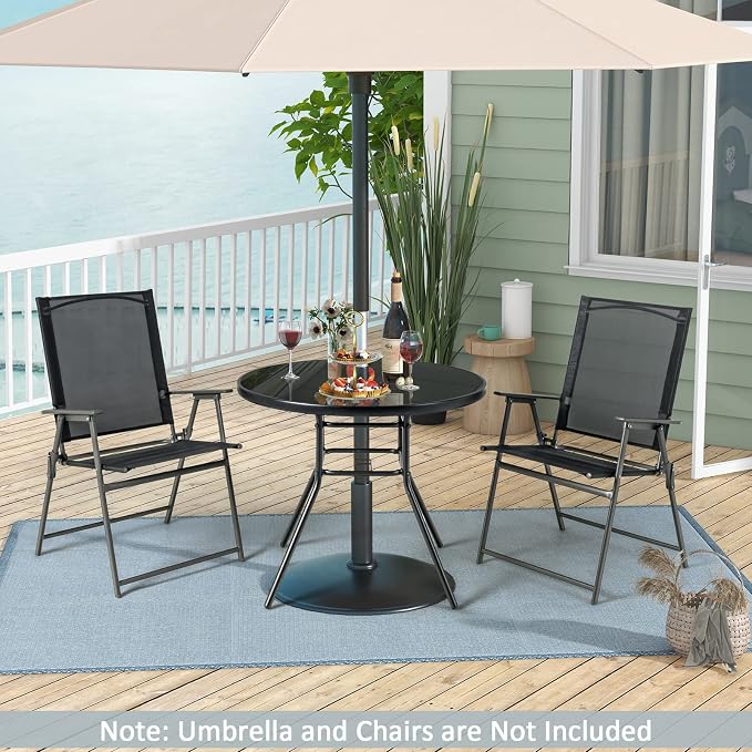 Tangkula 34 Inch Patio Dining Table, Round Tempered Glass Table with 1.5” Umbrella Hole, Heavy-Duty Metal Frame, Outdoor Metal Dining Table for Garden, Balcony, Porch