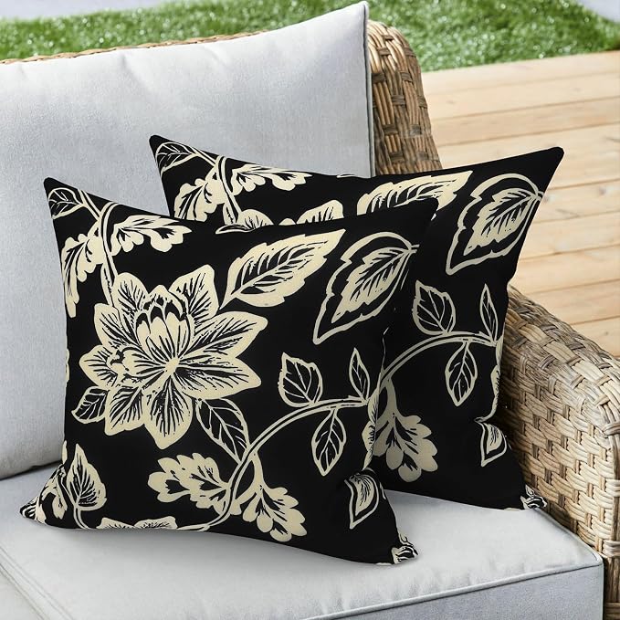 Outdoor 16x16 Inch Throw Pillow Covers Set of 2, Covers ONLY, All Weather Square Pillow Cases, Patio Cushion Pillow of Home Furniture Use, Elegant Vines Black