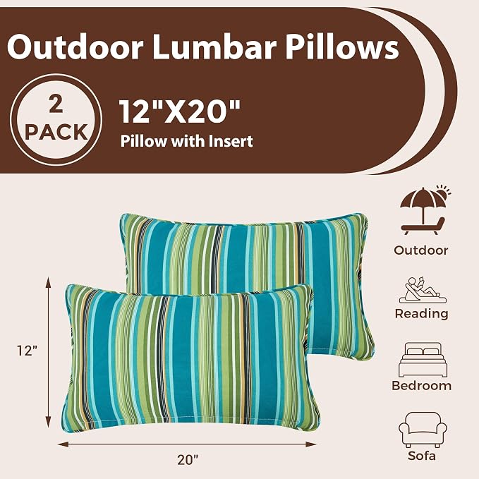 FUNHOME Outdoor Lumbar Pillow with Insert 12x20 Inch Pack of 2-Green Stripe | Outdoor Pillows for Patio Furniture, Water-Repellent, Decorative Garden Pillows for Home Patio Coach Sofa Use