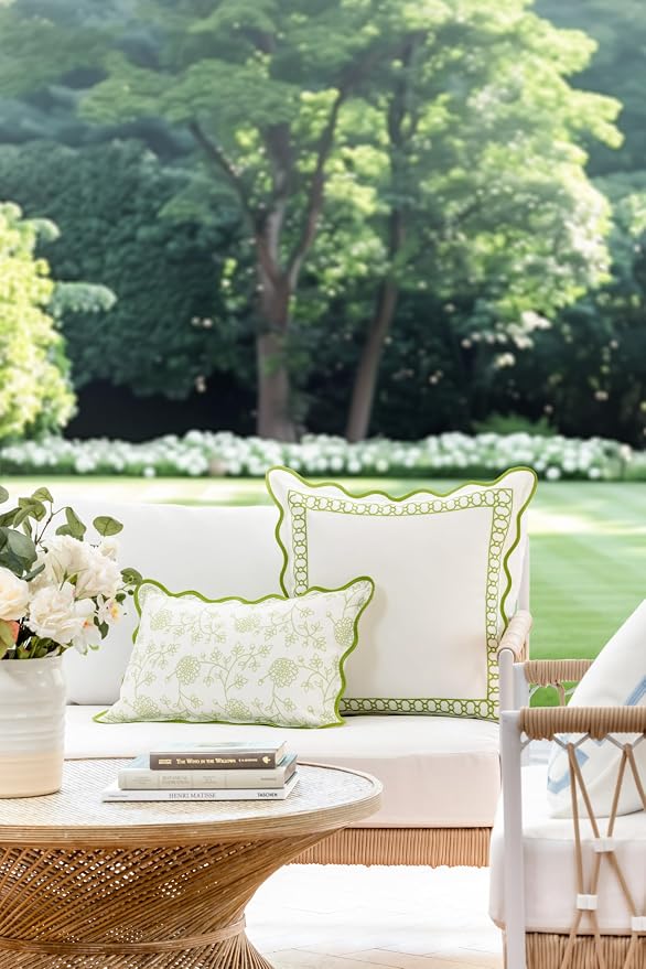 Hofdeco Premium Coastal Patio Indoor Outdoor Throw Pillow Cover Only, Water Repellent for Backyard, Couch, Begonia Pattern Chain Frame Green 20"x20", Scalloped Embroidered
