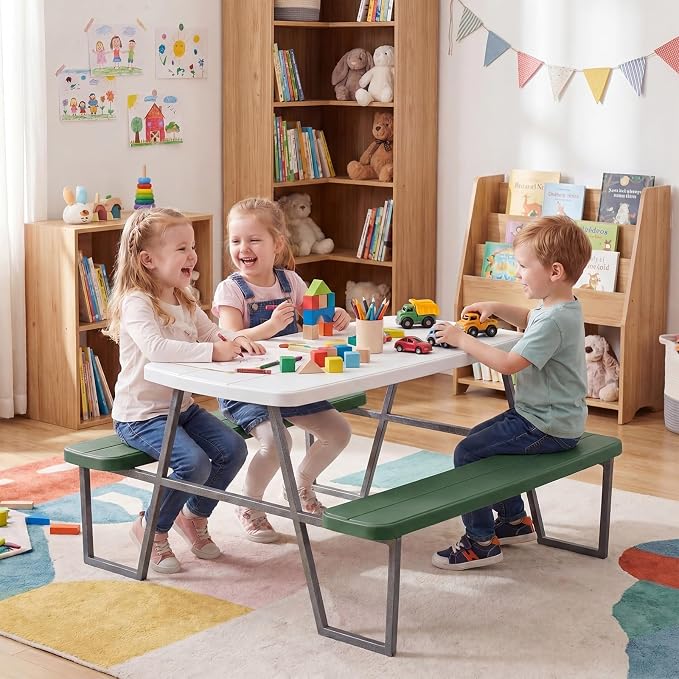 Costzon Kids Picnic Table, Toddler Outdoor Table & Bench Set with Removable Umbrella, HDPE Tabletop, Metal Frame, Kids Outdoor Furniture for Patio Backyard Garden, Fits 4 Children Age 3+ (Green)