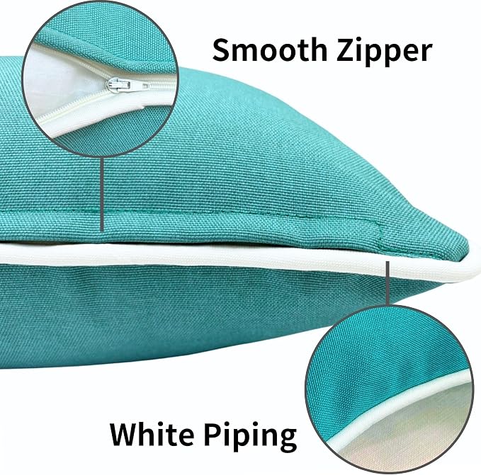 HER HWA Outdoor Lumbar Pillow Covers White Piping 20x12 Set of 2 Turquoise | durable fade-resistant water-resistant 100% polyester white piping smooth zipper machine washable for indoor outdoor décor