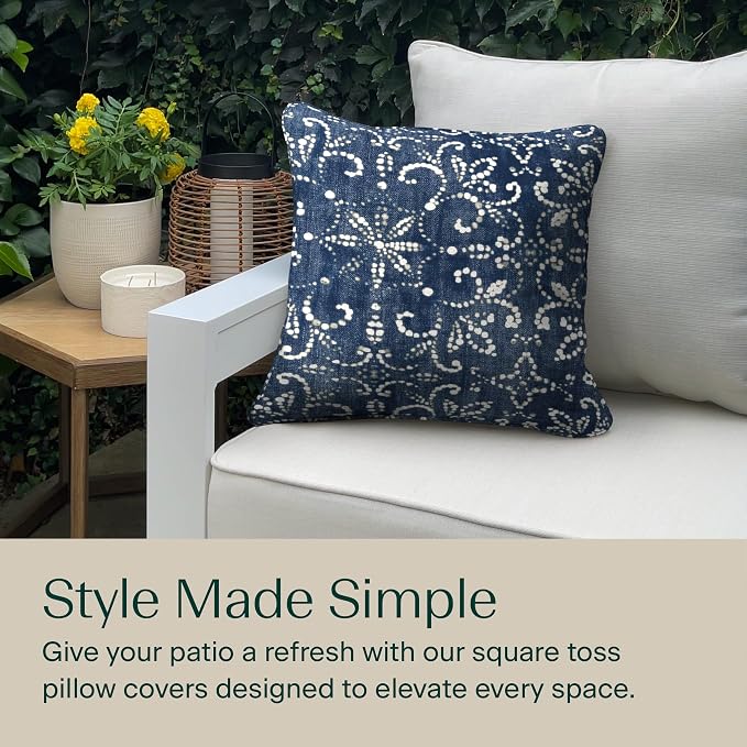 Honeycomb Outdoor Square Toss Pillow Covers, 18 x 18, 2-Pack | Boheme Indigo Slipcovers, Water & Fade Resistant for Patio Furniture Set, Cover Only, No Insert
