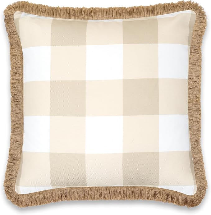 Hofdeco Premium Coastal Patio Indoor Outdoor Throw Pillow Cover Only, 20"x20" Water Repellent for Backyard, Couch, Neutral Tan Plaid with Fringe