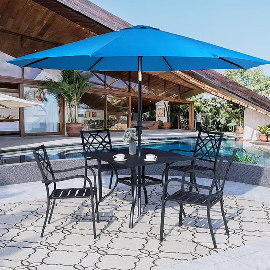 Crownland 5 Piece Outdoor Dining Set, Patio Metal Dining Sets, 4 Stackable Metal Chairs and Square Outdoor Dining Table with Sky Blue 9FT Round Outdoor Umbrella, for Backyard, Garden (Classic Black)