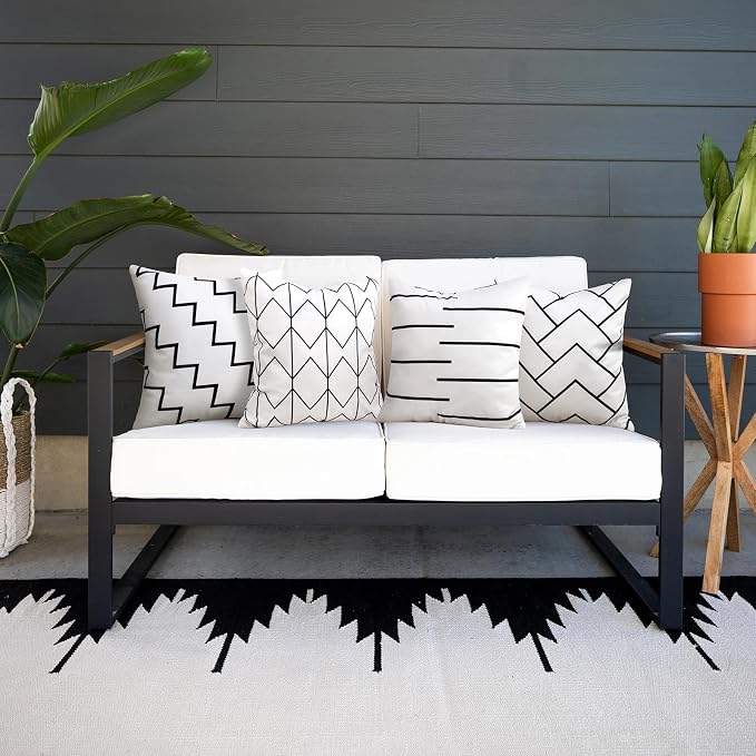 Adabana Set of 4 Outdoor Waterproof Pillow Covers 18x18 White | Modern Geometric Throw Pillows Cover Decorative Boho Pillow Covers for Patio, Garden, Porch