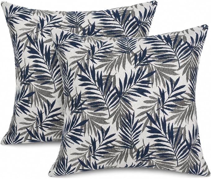 Outdoor Pillow Covers Waterproof Throw Pillow Covers, Set of 2 Jacquard Texture Water Resistant Fade Resistant Decorative Cushion Covers for Garden Patio Bench Couch Sofa, 18x18 Inch (Blue Palm)