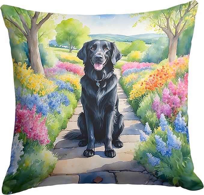 Caroline's Treasures Flat-Coated Retriever Spring Path Throw Pillow Machine Washable, Indoor Outdoor Decorative Pillow for Couch, Bed or Patio, 18Hx18W