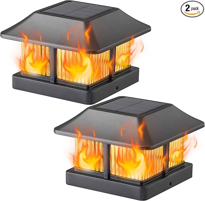 Dynaming Solar Flame Post Cap Lights Outdoor, Solar Powered Fence Post Light, Flickering Flame LED Lantern Lamps Waterproof for Garden Deck Patio, Fit 4x4 Wooden/Vinyl Posts, 2 Pack