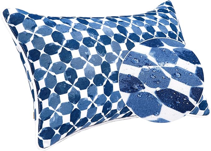 JMGBird Outdoor Lumbar Pillows Waterproof 12x20 Throw Pillows with Inserts | Blue Diamond Petal Pattern UV Fade Resistant Patio Cushions
