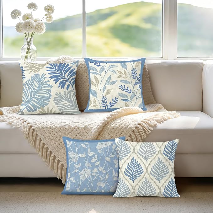 Bonhause Tropical Leaves Throw Pillow Covers 18 x 18 Inch Set of 4 Palm Leaf Floral Botanical Blue Decorative Pillow Cases Polyester Linen Outdoor Cushion Covers for Sofa Couch Garden Home Decor