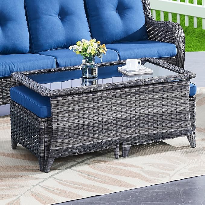 Belord Outdoor Coffee Table with Tempered Glass Top, Patio Rectangular Mixed Grey Wicker, Handwoven Rattan Coffee Table Compatible with Patio Furniture Sets for Porch Deck Backyard