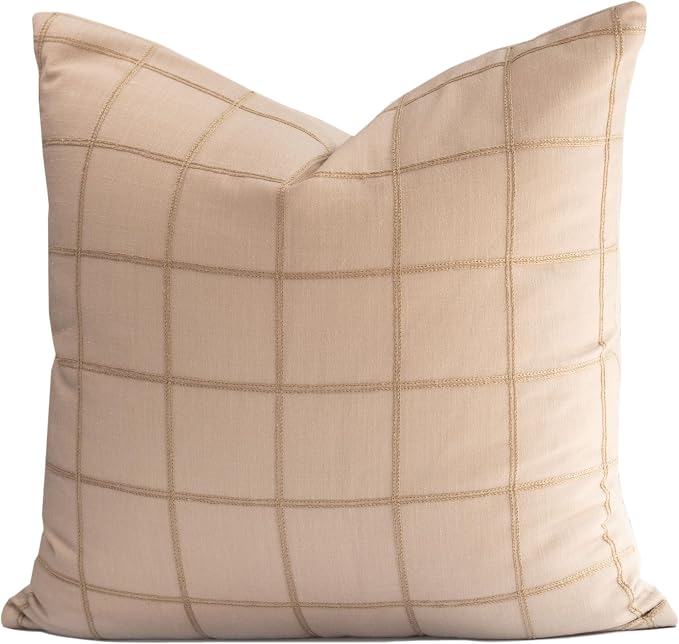 Modern Farmhouse Fall Linen Indoor Outdoor Throw Pillow Cover Only, 22"x22" Water Repellent for Patio, Backyard, Couch, Ivory Cream Plaid