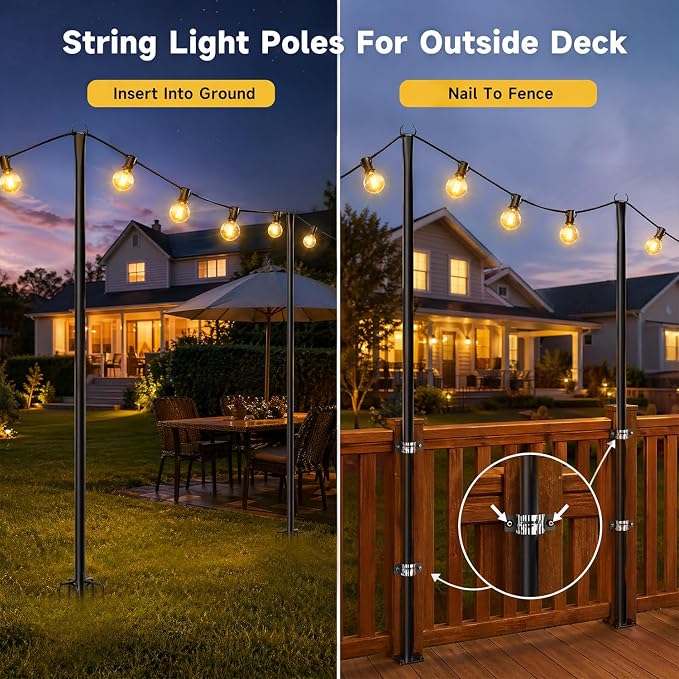 MuliVid 6 Pack 9FT String Light Poles for Outdoor,Metal Lights Hanging Pole Outside with Fork,Light Stand for Patio, Pergola, Garden, Backyard, Yard, Camping Party