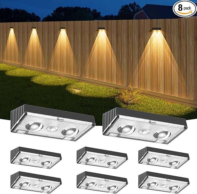 Solar Fence Lights,8 Pack Deck Light,Led Lights Warm White Outdoor Wall Lights,IP45 Solar Powered Light Waterproof for Backyard/Pool/Railing/Patio/Porch/Step/Outside/Garden (Black)