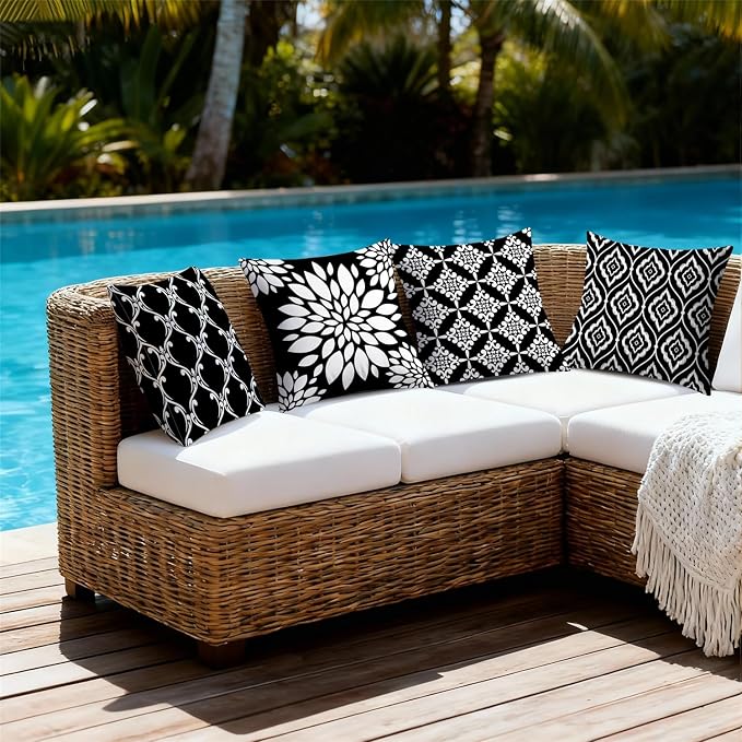 Outdoor Waterproof Throw Pillow Covers 20x20 Set of 4 Black and White Aesthetic Boho Decorative Cushion Cases for Patio Furniture Garden Porch Bench Couch Sunbrella
