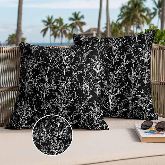 Black Branches Waterproof Outdoor Pillow Covers Set of 2 Home Decor, Abstract Art Leaves Plant Pillowcase Patio Pillow Covers for Couch Bench Patio Furniture Garden 18x18in