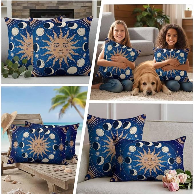 Celestial Sun and Moon Waterproof Outdoor Pillow Covers Set of 2 Home Decor, Blue Starry Galaxy Boho Pillowcase Patio Pillow Covers for Couch Bench Patio Furniture Garden 18x18in