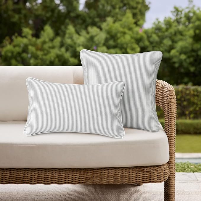 Unimatta Decorative Outdoor Water Repellent Throw Pillows with Inserts, Set of 4, 20" x12" Pillows for Patio, Backyard, Bed, Couch, and Patio Furniture, Tan Stripe