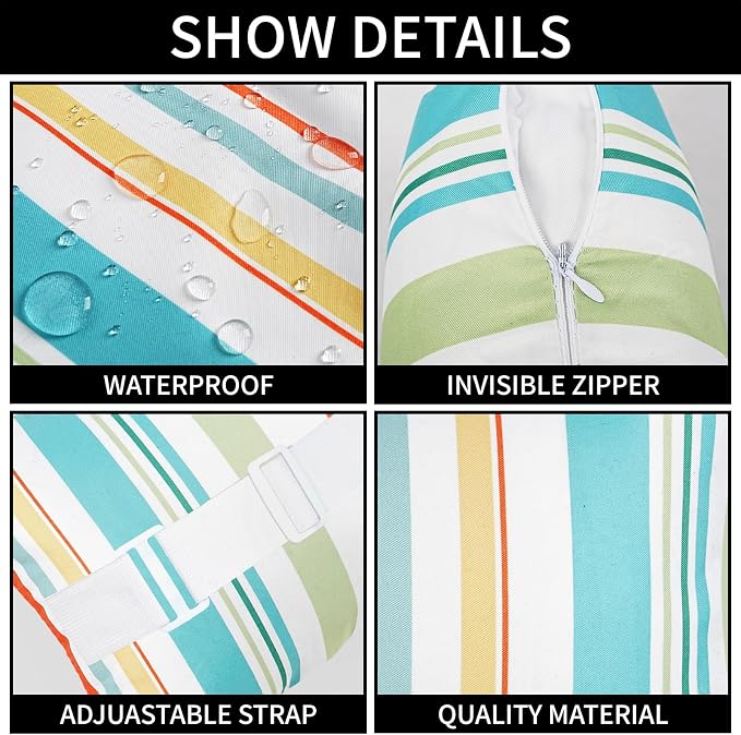 Adabana Outdoor Waterproof Pillow for Chaise Lounge Chair 2 Pack Floral Stripe Headrest Pillow Lumbar Adjustable Strap 12 x 16 Inch for Beach Poolside Patio Office Patio Garden,Stripe