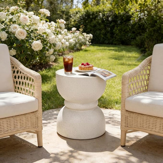 Outdoor Concrete Rounded Waist Outdoor Side End Tables, Decorative Garden Stools for Indoor Imitation Natural Stone Texture Patio Accent Side Table