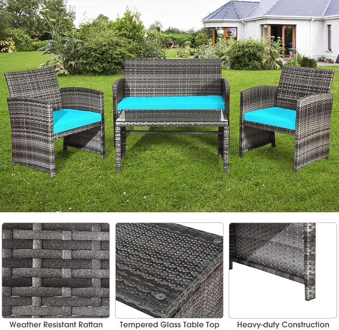 HAPPYGRILL 4 Pieces Patio Conversation Set with Soft Cushions Rattan Furniture Set with PE Wicker Coffee Table & Sofa Chairs for Garden Poolside Porch Backyard