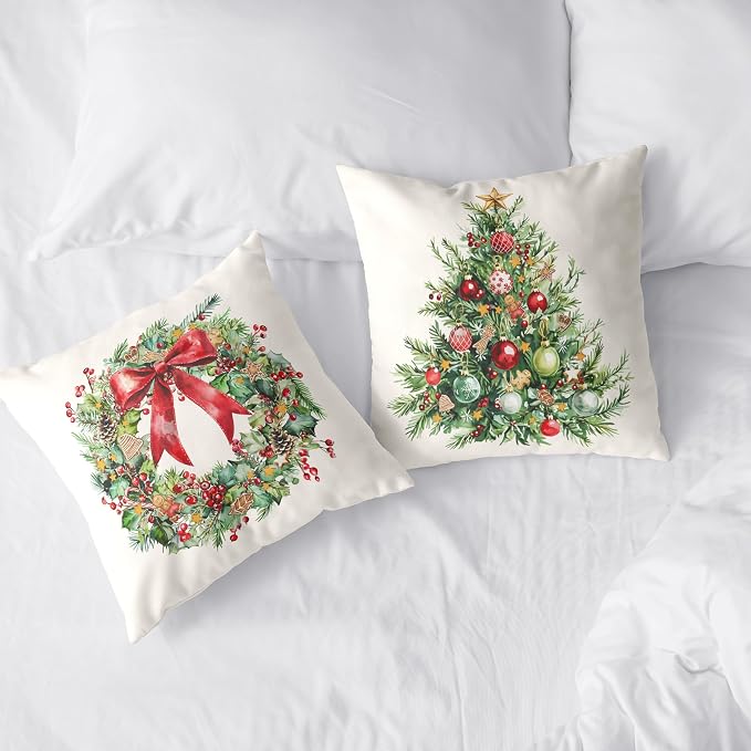 Set of 2 Christmas Tree Pillow Covers Xmas Wreath Throw Pillow Covers Red and Green Decorative Pillow Case 20x20 Winter Holiday Cushion Case for Home Decor Couch Sofa