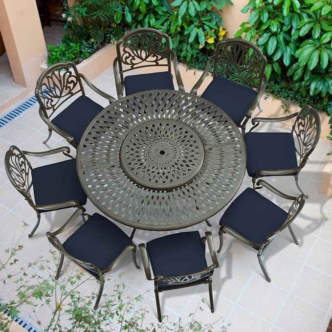 VIVIJASON 9-Piece Patio Furniture Dining Set, Rust-Free Cast Aluminum Outdoor Conversation Set, Include 8 Cushioned Chairs & 61" Round Dining Table with 31" Lazy Susan, Umbrella Hole, Navy Blue