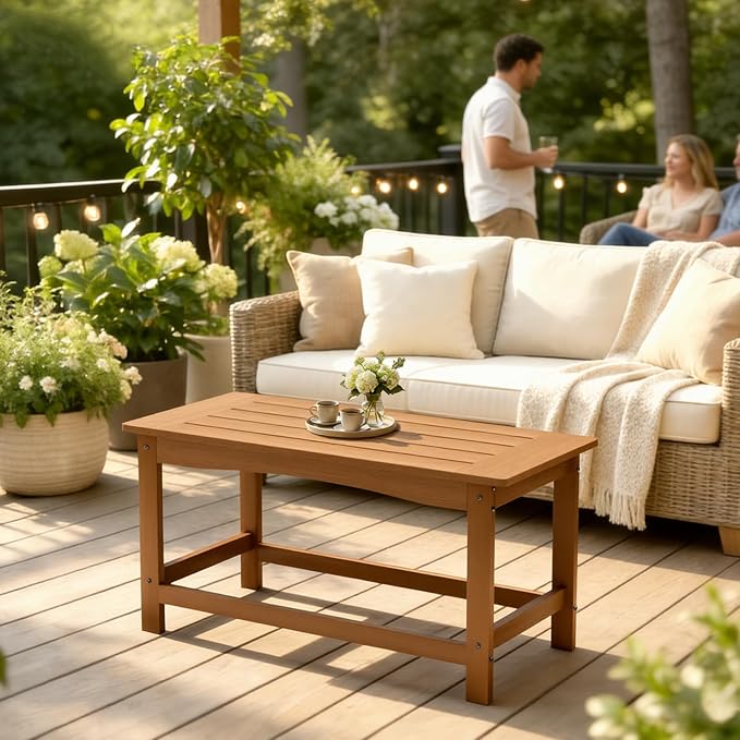 Outdoor Coffee Table, 35.4" x 17.5" All Weather Rectangle Patio Coffee Side Table for Garden Lawn Porch Poolside Balcony (Teak)