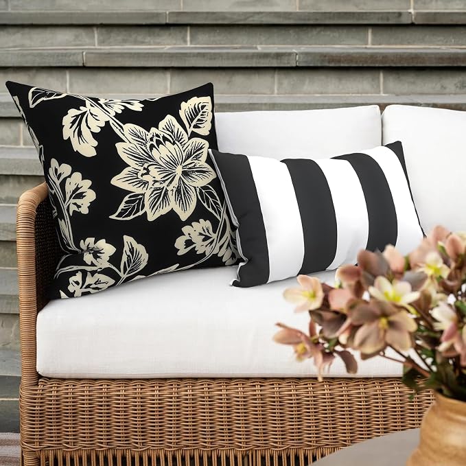 Outdoor 16x16 Inch Throw Pillow Covers Set of 2, Covers ONLY, All Weather Square Pillow Cases, Patio Cushion Pillow of Home Furniture Use, Elegant Vines Black